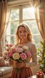 ©  AtlAnt - Mother holding gift bouquet with joy in cozy living room background
