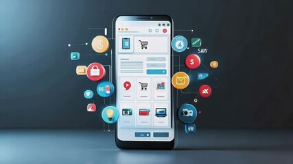 loop video app balloon banner buying cart application background service marketing concept three-dimensional 3d payment shopping digital clothes beautiful buy commerce business minimal online