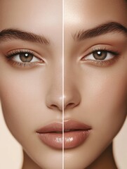 Fototapete - Face showcasing natural beauty on one side and glamorous makeup on the other side, highlighting transformation. Generative AI