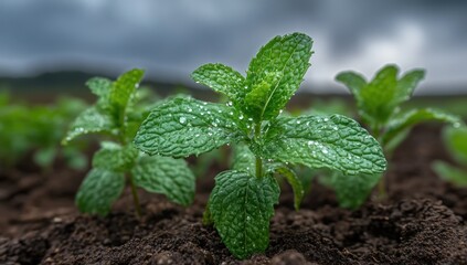 Refreshing Dew-Kissed Mint Plants in a Lush Field