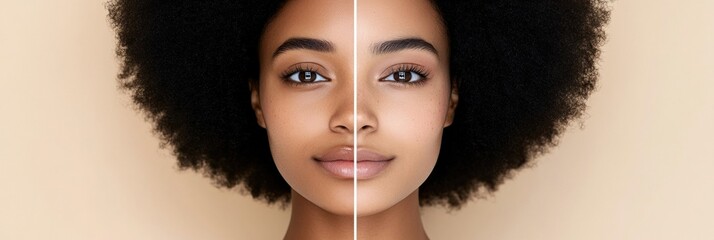 Poster - Natural beauty meets glam makeup in a striking split face display showcasing transformation and artistry. Generative AI