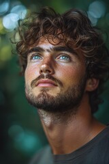 Wall Mural - Young man gazing thoughtfully upward in a natural setting during daylight