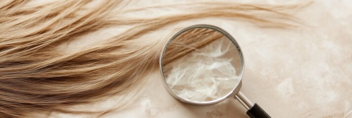 Fototapete - Magnifying glass highlighting the details of a damaged hair strand on a light textured surface. Generative AI