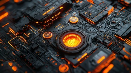 Glowing Cybernetic Core, Circuit Board, Technology, Futuristic Background, Digital Art