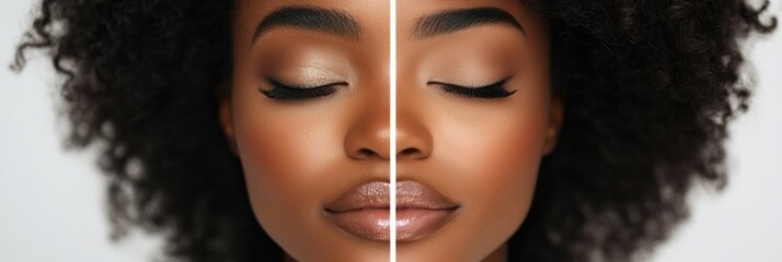 Poster - Natural beauty meets glamorous makeup in a striking split face concept showcasing diverse beauty styles. Generative AI