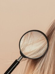 Poster - Magnifying glass reveals details of a damaged hair strand against a neutral background. Generative AI