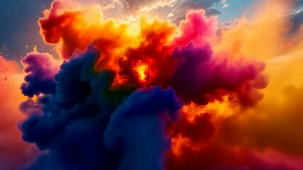 Aufkleber - A captivating image of an explosion of colorful powder against a glowing sunset backdrop. The vibrant mix of colors creates a stunning and dynamic visual effect. Perfect for artistic projects