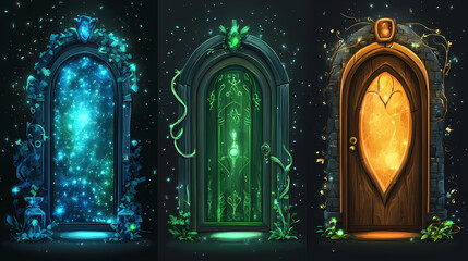 Wall Mural - Set of fantasy doors with mystical backgrounds isolated on transparent background. Portal & Dimensional Effects. Illustration