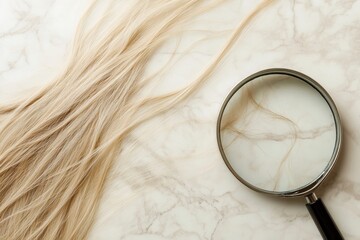 Fototapete - Magnifying glass revealing details of damaged hair strand on a marble surface. Generative AI