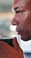 Poster - Morning, serious and man with coffee, office and thinking of project, content creator and creative. Drinking, contemplating and person with tea in business, thoughtful and professional with ideas