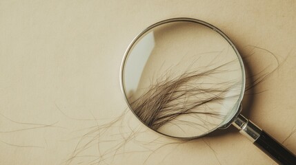 Fototapete - Magnifying glass revealing fine details of a damaged hair strand on a neutral surface. Generative AI