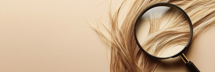 Fototapete - Magnifying glass revealing the details of a damaged hair strand on a light background. Generative AI