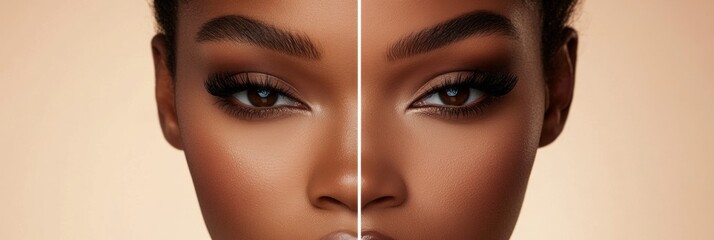 Aufkleber - Dramatic contrast of natural beauty and glamorous makeup displayed on one face during a makeup transformation session. Generative AI