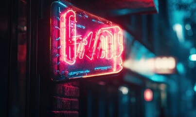 Wall Mural - Detailed close-up of an illuminated neon sign with vibrant accents, glowing against a dark urban background.