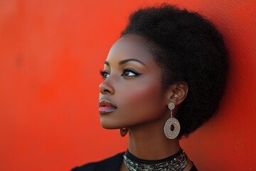 Wall Mural - Stunning portrait of a woman with stylish accessories against a vibrant red wall in natural light setting