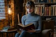 © Richard - Young woman with bangs reads an antique book in a cozy library setting.