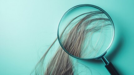 Fototapete - Magnifying glass reveals details of a damaged hair strand on a cool blue background in a close up examination. Generative AI