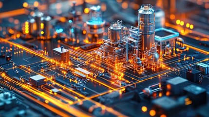 Poster - A vibrant, close-up view of a circuit board resembling a futuristic cityscape, with glowing pathways and intricate structures creating a high-tech aesthetic.