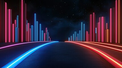 Poster - A futuristic digital landscape featuring vibrant blue and red light bars along a sleek, dark road, creating a dynamic and energetic atmosphere.