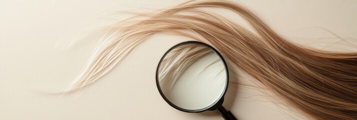 Poster - Magnifying glass examines a damaged hair strand, revealing texture and imperfections. Generative AI