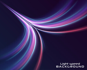 Poster - Low-poly construction of fine lines. Abstract long exposure dynamic speed light trails background. Bright glowing line of new technologies on dark background in neon colors.	