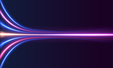 Fototapete - Abstract image of speed motion on the road. Dark blue abstract background with ultraviolet neon glow, blurry light lines, waves. Expressway, car headlight effect.	