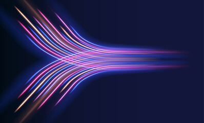 Poster - Low-poly construction of fine lines. Abstract long exposure dynamic speed light trails background. Bright glowing line of new technologies on dark background in neon colors.	