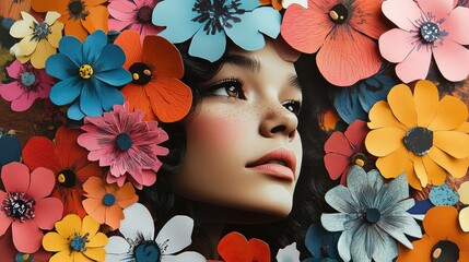 Wall Mural - A vibrant retro pop art collage featuring a stylish young woman surrounded by colorful abstract flowers