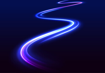 Fototapete - Light trail wave, fire path trace line, car lights, optic fiber and incandescence curve twirl. Trendy geometric neon collage for speed movement. Acceleration speed motion on night road.	