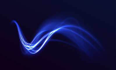 Leinwandbilder - Abstract image of speed motion on the road. Dark blue abstract background with ultraviolet neon glow, blurry light lines, waves. Expressway, car headlight effect.	
