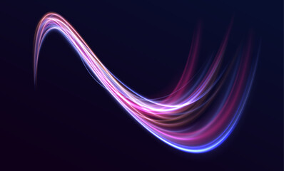 Poster - Vector dark blue abstract background with ultraviolet neon glow, blurry light lines, waves. Light trails on road at night. Abstract futuristic neon background with glowing ascending lines.	