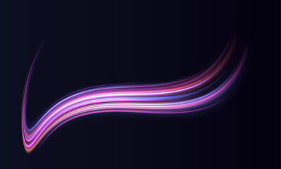 Poster - Creative vector illustration of flying cosmic meteor, planetoid, comet, fireball isolated on transparent background. Neon color glowing lines background, high-speed light trails effect.