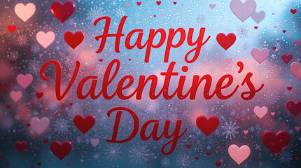 Fototapete - Valentines day background with heart pattern and typography of Happy valentine's Day text. Inscription on a frozen window pane..