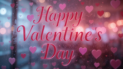 Fototapete - Valentines day background with heart pattern and typography of Happy valentine's Day text. Inscription on a frozen window pane..