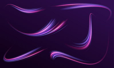 Fototapete - Set of glowing speed spirals on dark background for your neon design. Abstract vector fire circles, sparkling swirls and energy light spiral frames.	