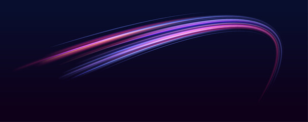 Poster - Creative vector illustration of flying cosmic meteor, planetoid, comet, fireball isolated on transparent background. Neon color glowing lines background, high-speed light trails effect.