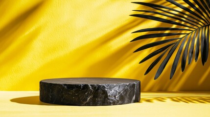Poster - Empty black stone podium resting on a vibrant yellow background, enhanced by the shadow of a palm leaf, creating a summery, tropical atmosphere ideal for product placement