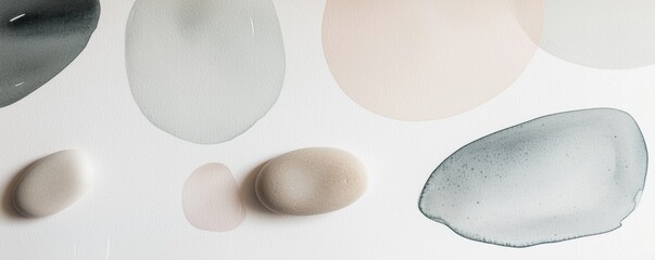 Poster - Muted pastel watercolor circles and organic shapes combined with natural stones create a calming and elegant abstract composition on a white background, evoking a sense of balance and tranquility