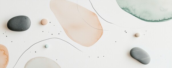 Poster - Smooth grey and beige stones, pastel watercolor shapes, and delicate black lines create a minimalist composition on a white background, evoking tranquility and balance