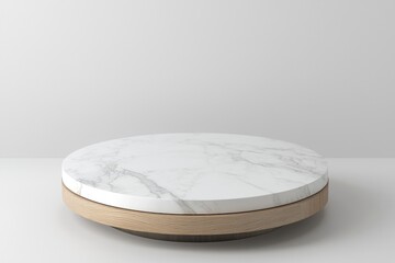 Poster - White marble top on a round wooden base creates a stylish and minimalist platform, perfect for showcasing products or decorative items, adding a touch of sophistication to any space