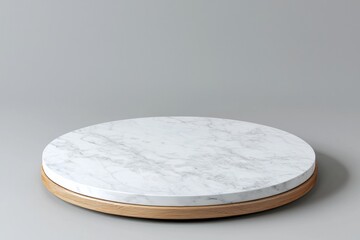 Poster - Round marble podium on a wooden base, creating a luxurious and elegant display for products or presentations, set against a simple gray background