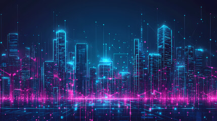 Wall Mural - neon mega city capital towers with futuristic technology background, future modern building virtual 