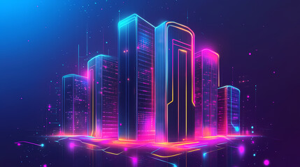 Wall Mural - neon mega city capital towers with futuristic technology background, future modern building virtual 