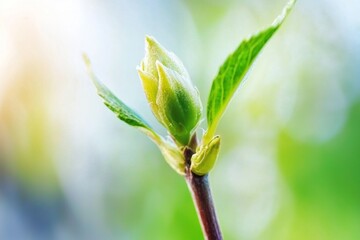 Poster - Hydrangea bud growing on a thin branch with two small leaves, bathed in sunlight, symbolizing new beginnings and the beauty of nature in springtime