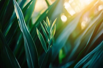 Poster - Close-up of a young plant growing among other plants in a cultivated field, illuminated by the warm, golden light of the setting sun, creating a vibrant and hopeful scene of new life and growth