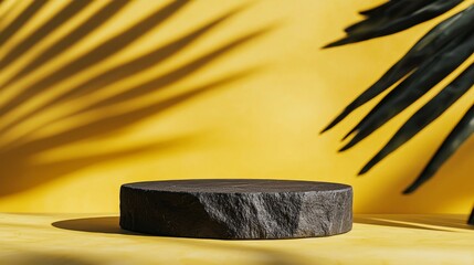 Poster - Empty black stone podium resting against a vibrant yellow background, featuring the shadow of a tropical leaf, creating an ideal setting for showcasing beauty products elegantly