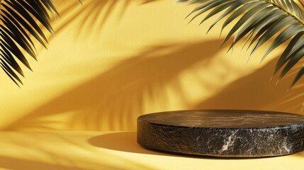 Poster - Empty black marble podium on a yellow background with palm leaves and shadows creating a tropical and luxurious atmosphere for showcasing products