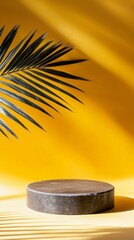 Poster - Sunlight illuminating an empty round marble podium on a yellow background with the shadow of a palm leaf, creating a tropical and luxurious setting ideal for showcasing products
