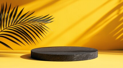 Poster - Featuring an empty black marble podium set against a vibrant yellow background, with palm leaf shadows enhancing the summery, tropical ambiance perfect for product placement