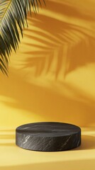 Poster - Empty black marble podium resting on a vibrant yellow background, with palm leaf shadows creating a summery, luxurious atmosphere perfect for showcasing products and enhancing branding efforts